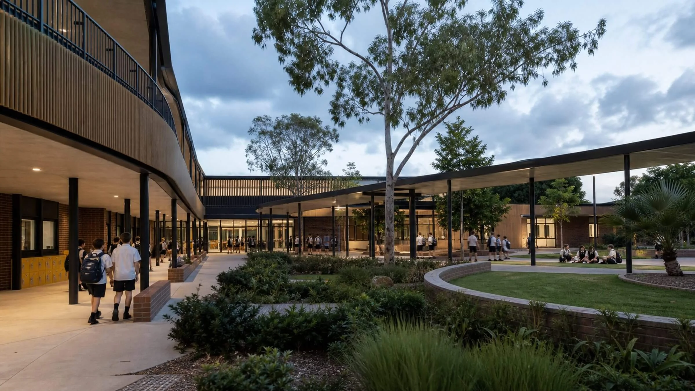 Contemporary school campus with welcoming learning spaces and landscaped grounds