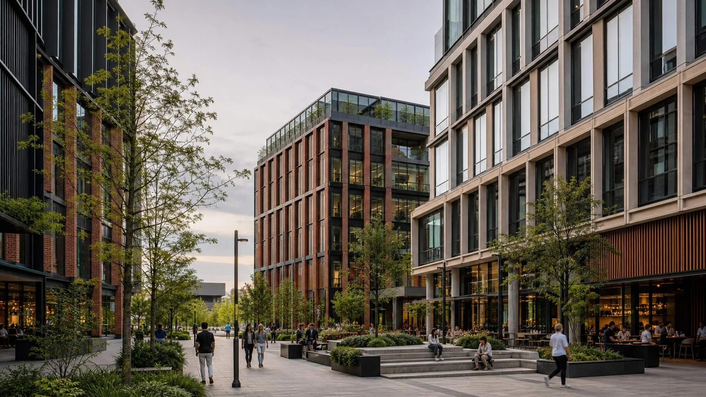 Contemporary mixed-use development with offices, public spaces and landscaped plaza