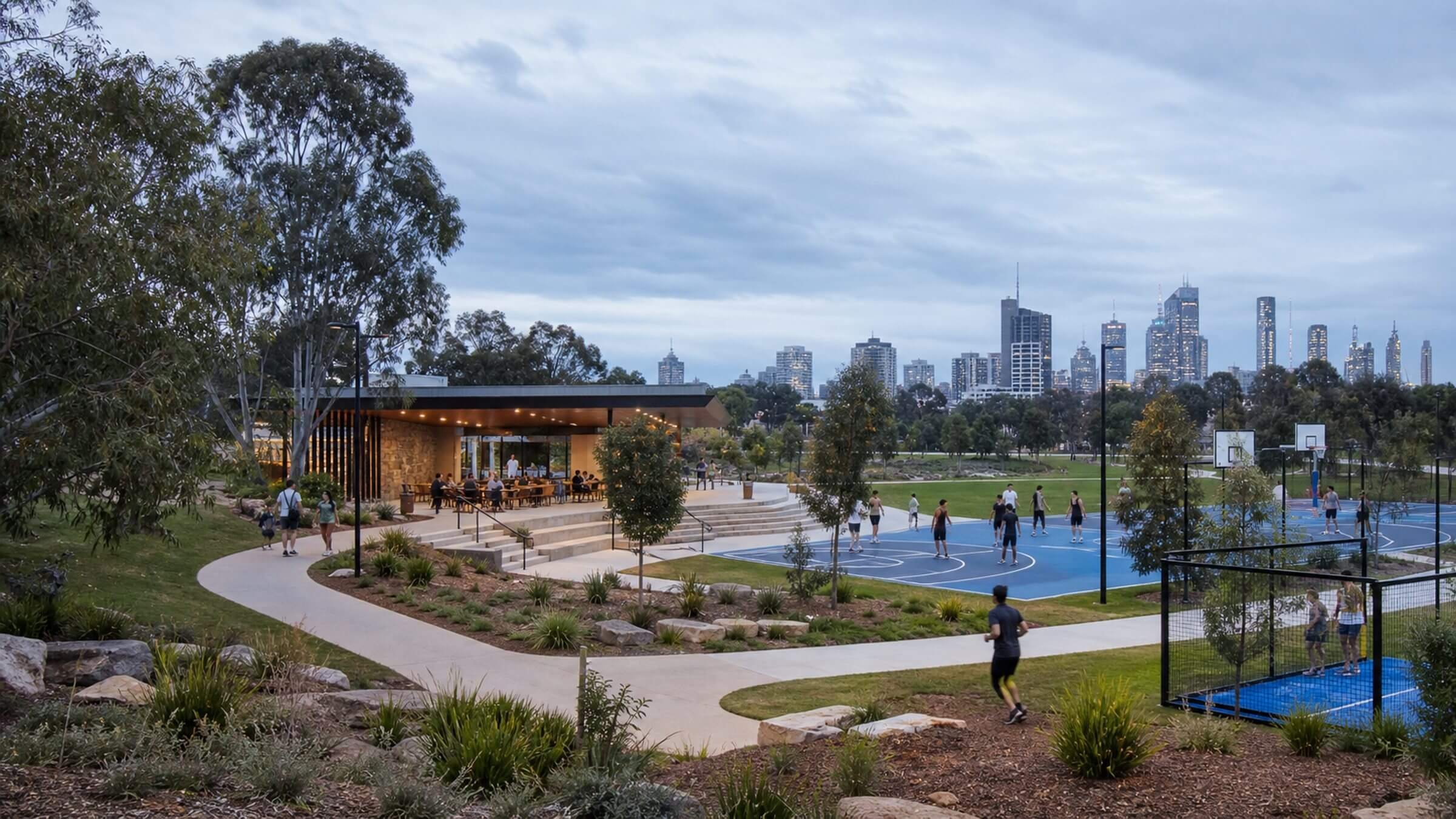 Urban park and recreation precinct with sports facilities and community pavilion