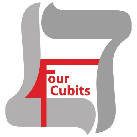 Four Cubits podcast artwork: a large grey Hebrew letter behind the show's name set in red.