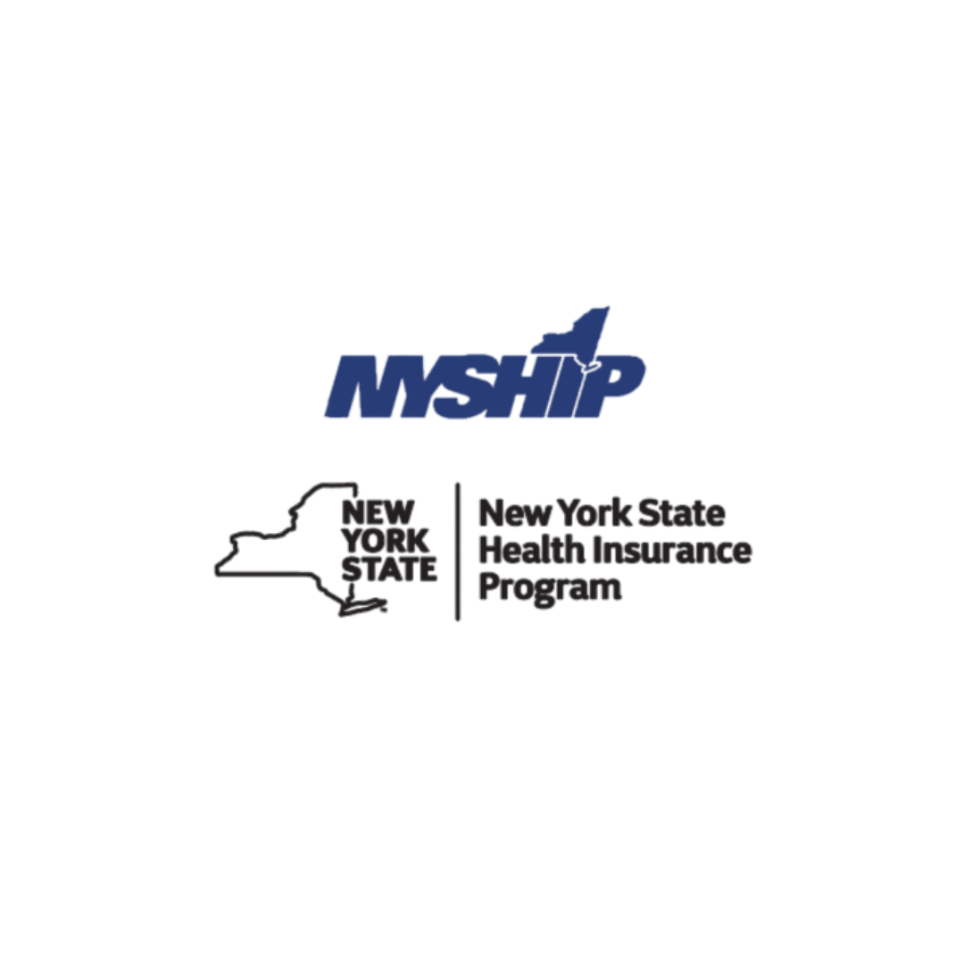 New York State Health Insurance Program logo with text and outline of New York State map.