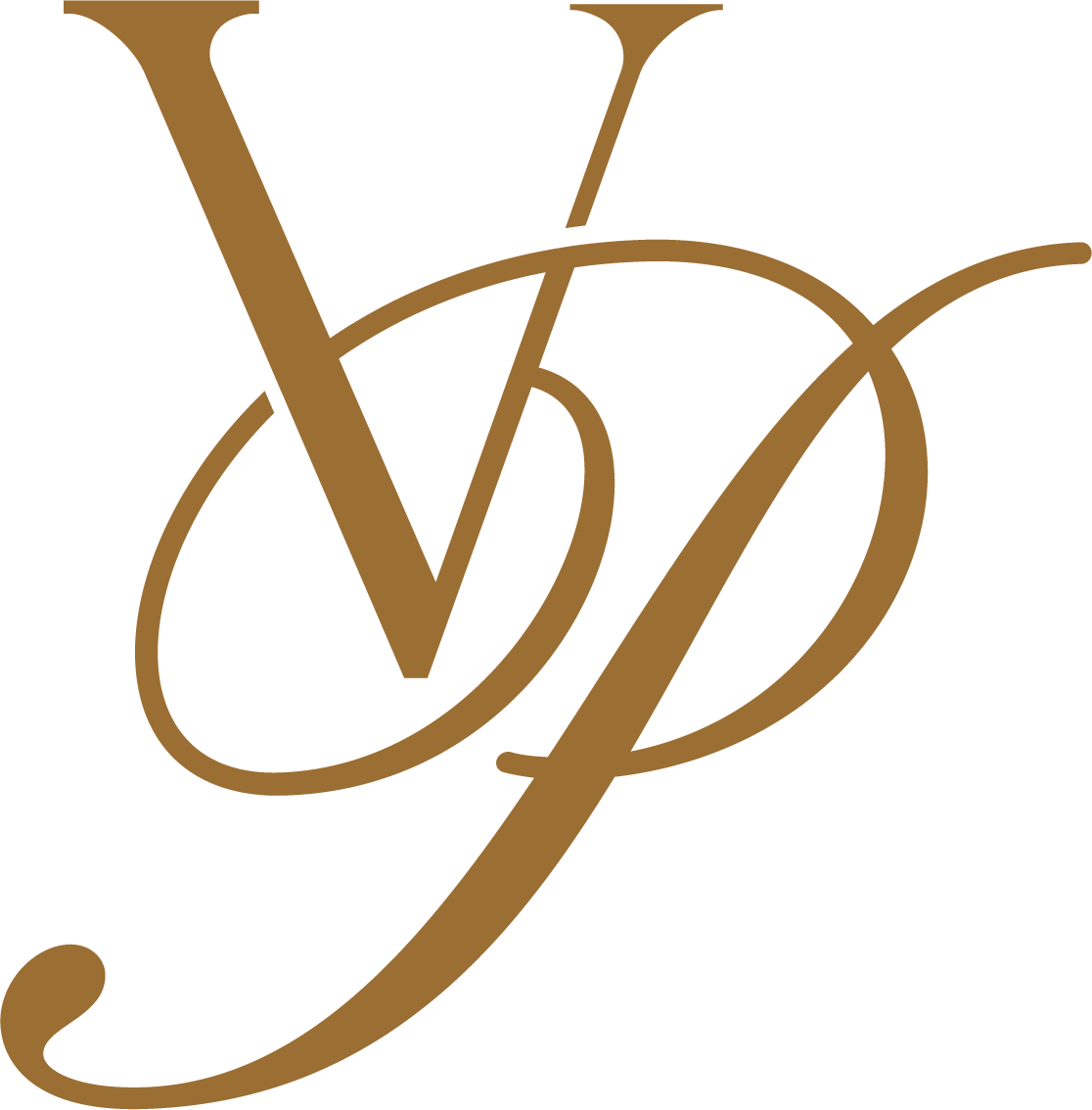 A decorative monogram with the intertwined letters V and D in gold color.