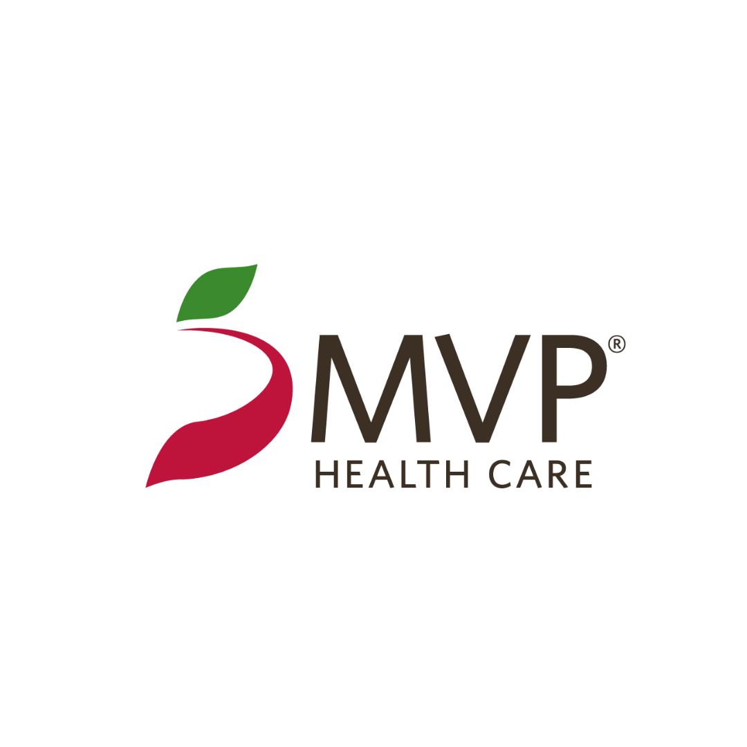 Logo of MVP Health Care, featuring a stylized red and green leaf design and the text 'MVP Health Care' in black and brown.