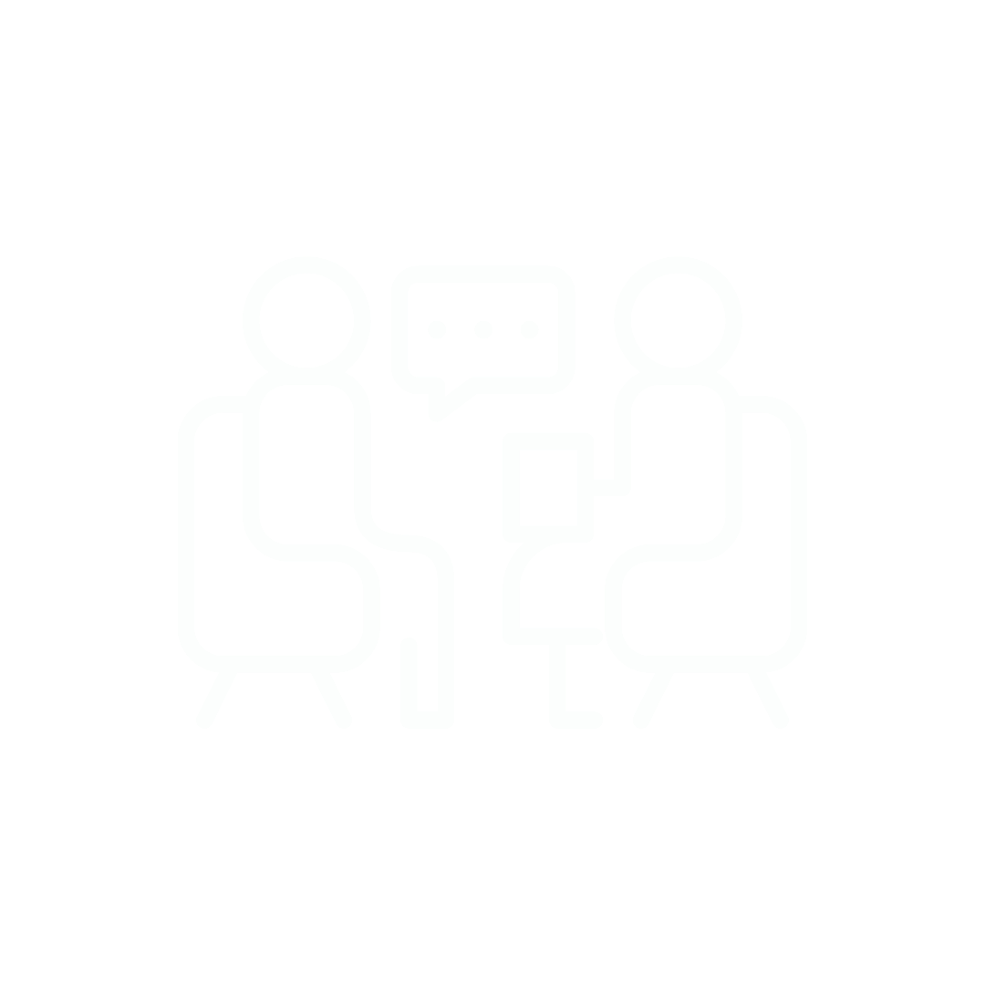 Outline of two people sitting in chairs having a conversation, with speech bubbles above their heads.