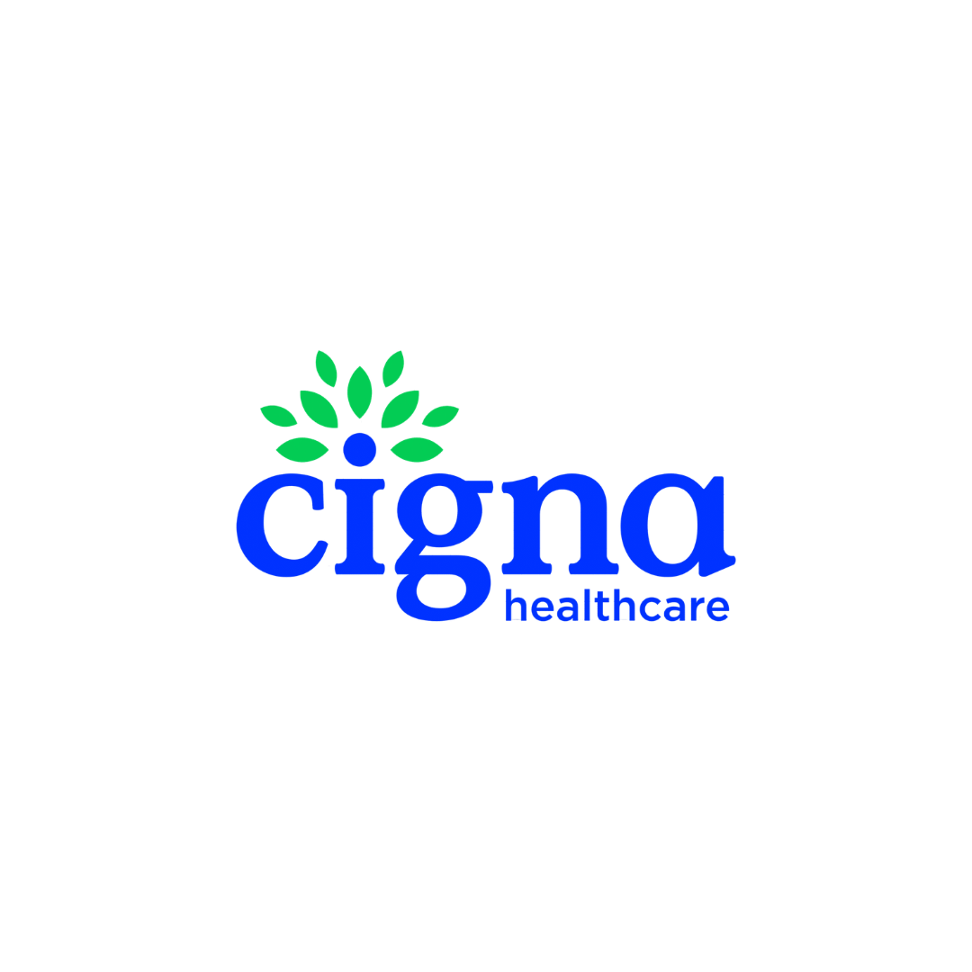 Cigna Healthcare logo with blue text and a green and blue floral design above the text.