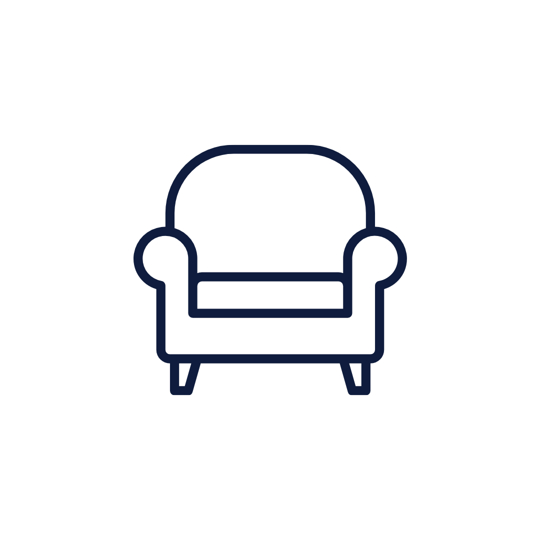Outline drawing of a single armchair with rounded back and armrests.