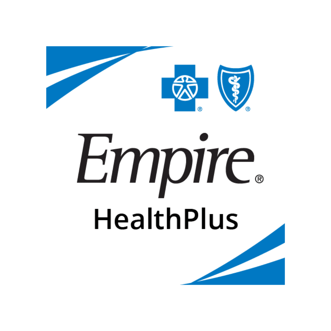 Empire HealthPlus insurance card with blue medical symbols, including a cross with a peak, a shield with a caduceus, and the Empire logo.