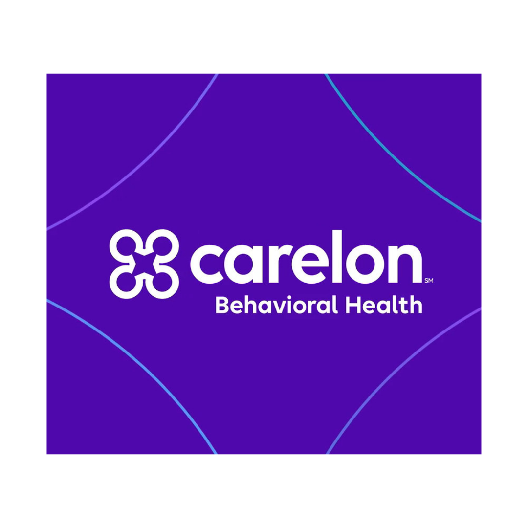 Logo of Carelon Behavioral Health on a purple background with geometric lines.