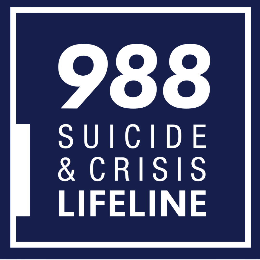 Graphic with white text on a dark blue background that says "988 SUICIDE & CRISIS LIFELINE".