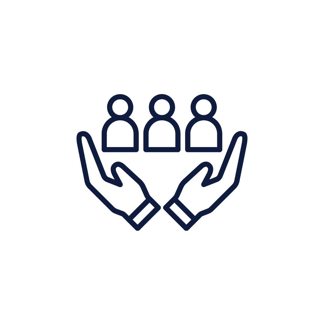 Outline icon of two hands holding three people, representing support or care for a group.