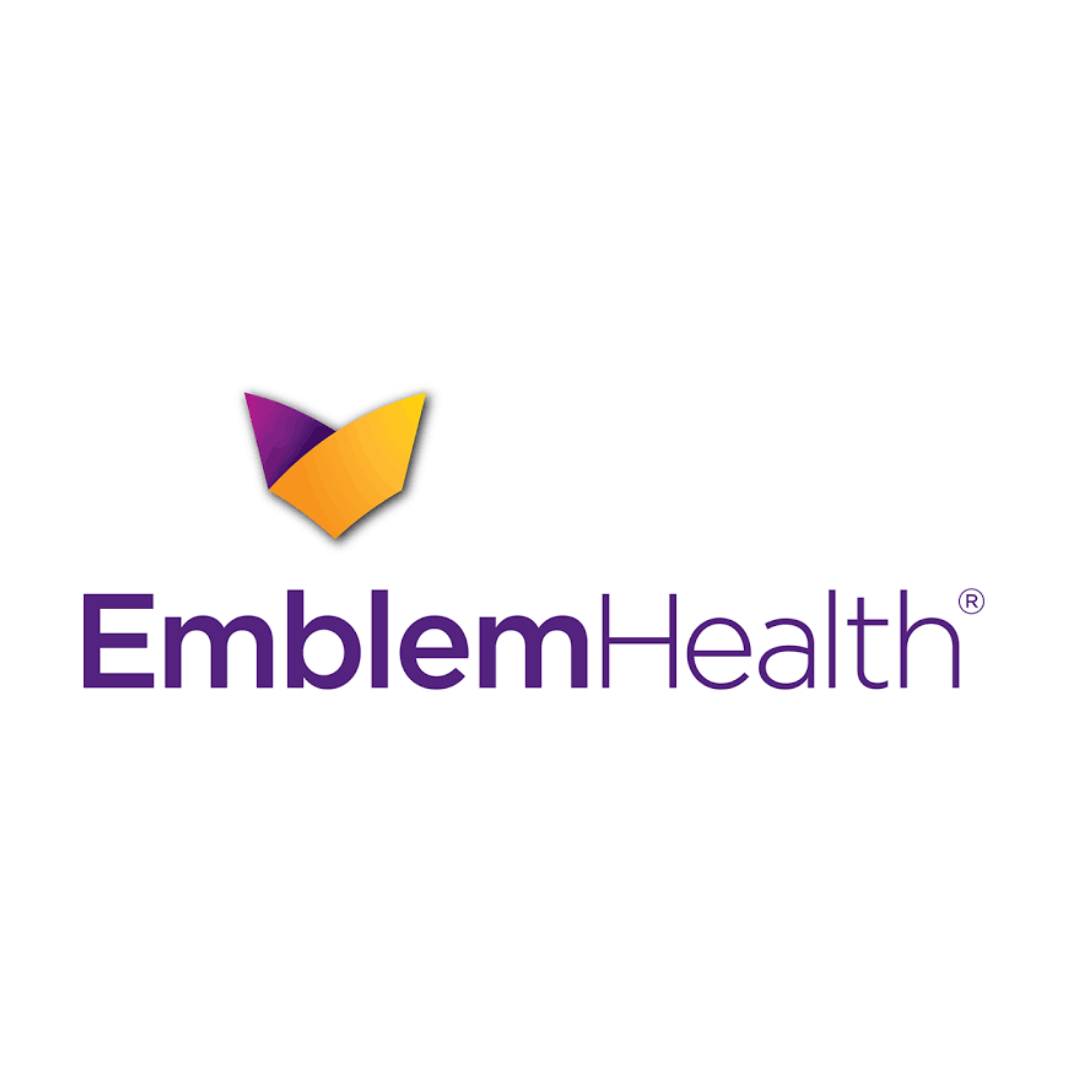 EmblemHealth logo with purple and orange abstract emblem and purple text