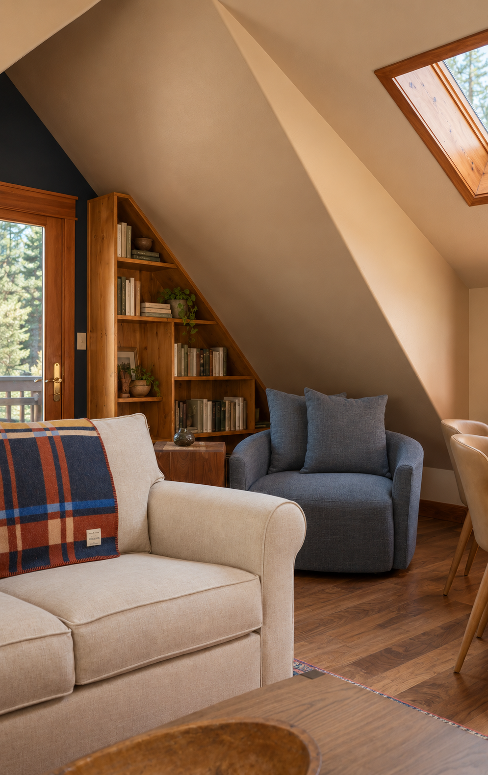 Living room with sloped ceiling, wooden bookshelf filled with books and decor, beige sofa with checkered blanket, gray armchair with two cushions, hardwood floors, wooden-framed windows and skylight, visible outdoors with trees.