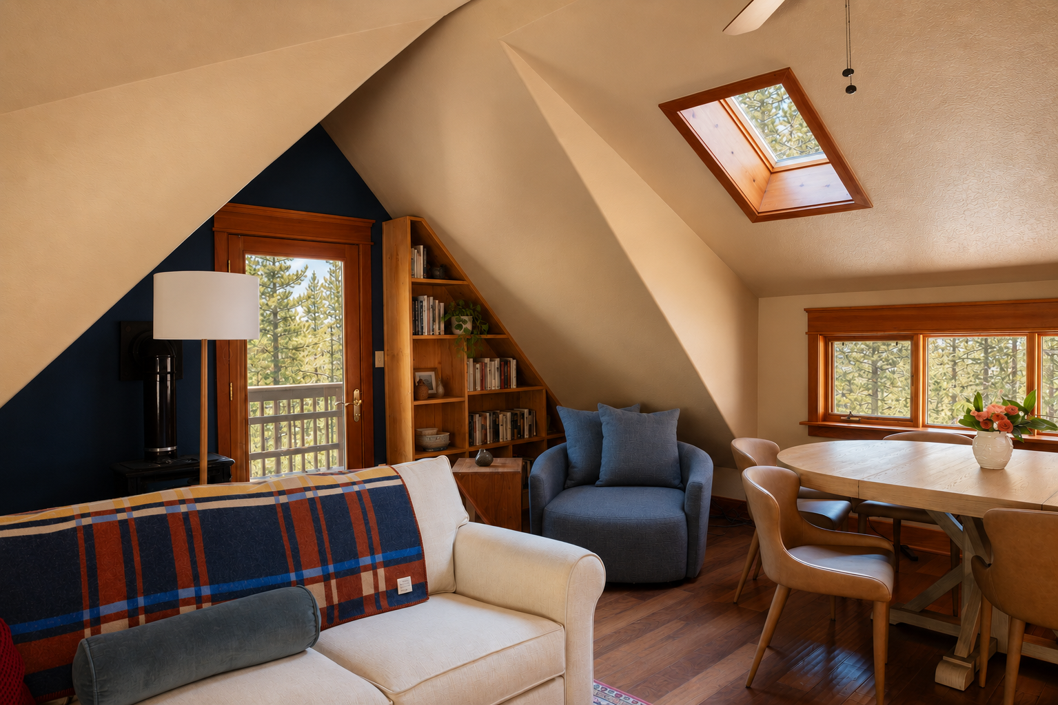A cozy living room with a sloped ceiling, hardwood floors, and windows letting in natural light. The room has a white sofa with a plaid blanket, a blue armchair, a wooden bookshelf filled with books, a table with chairs, and a vase of flowers. There is a glass door and skylights on the ceiling.