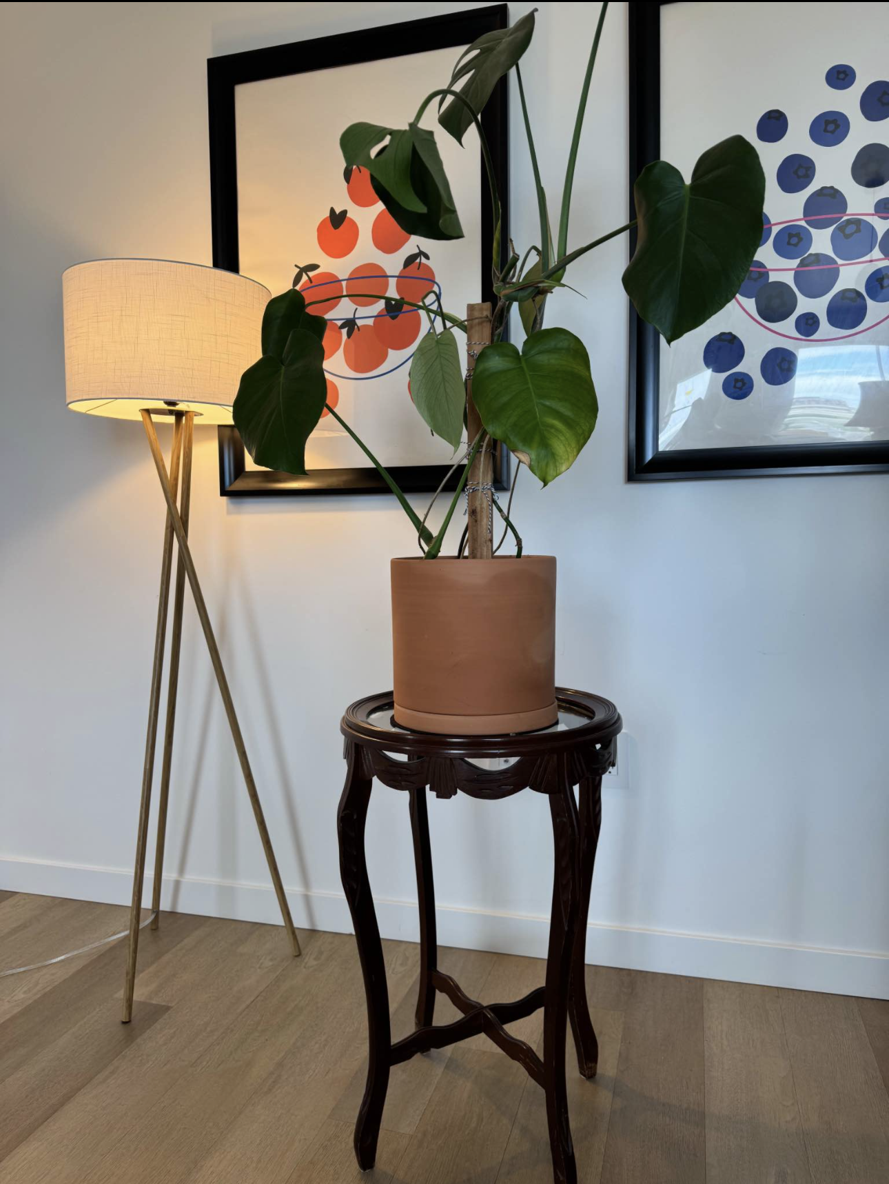Plant stand in vintage style with large plant on it 