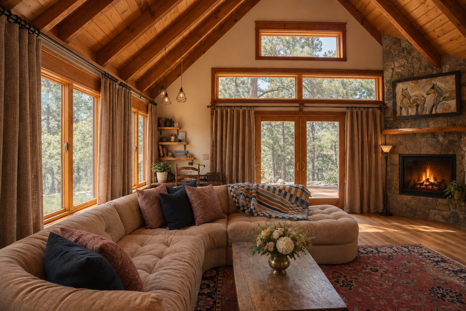 Living room with large beige sectional sofa, multicolored pillows, wooden coffee table with floral arrangement, stone fireplace with fire, large windows with wood frames and curtains, vaulted wooden ceiling, bookshelf, and outdoor view of trees.