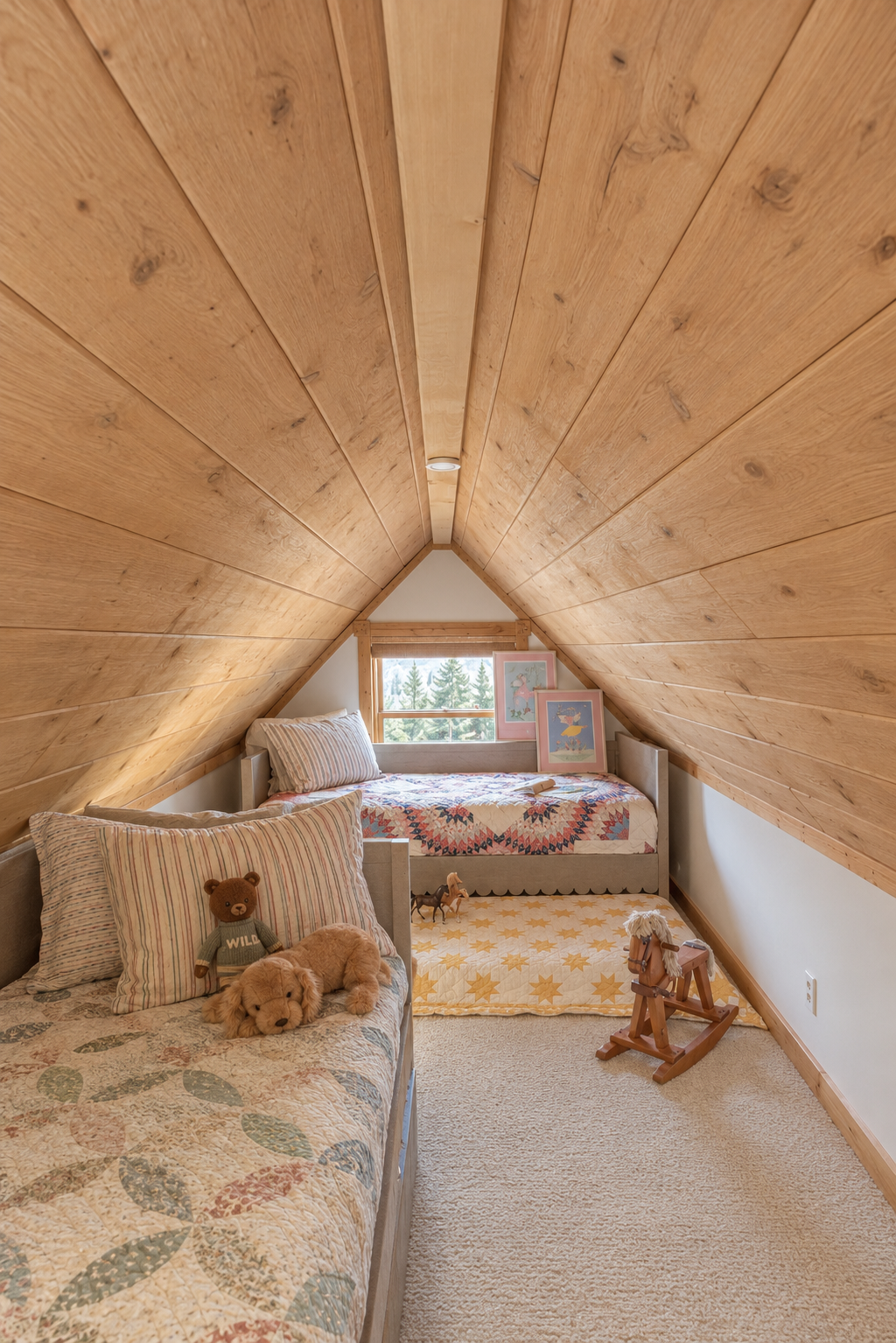 A cozy child's bedroom with a sloped wooden ceiling, two beds with stuffed animals, and children's artwork on the windowsill.