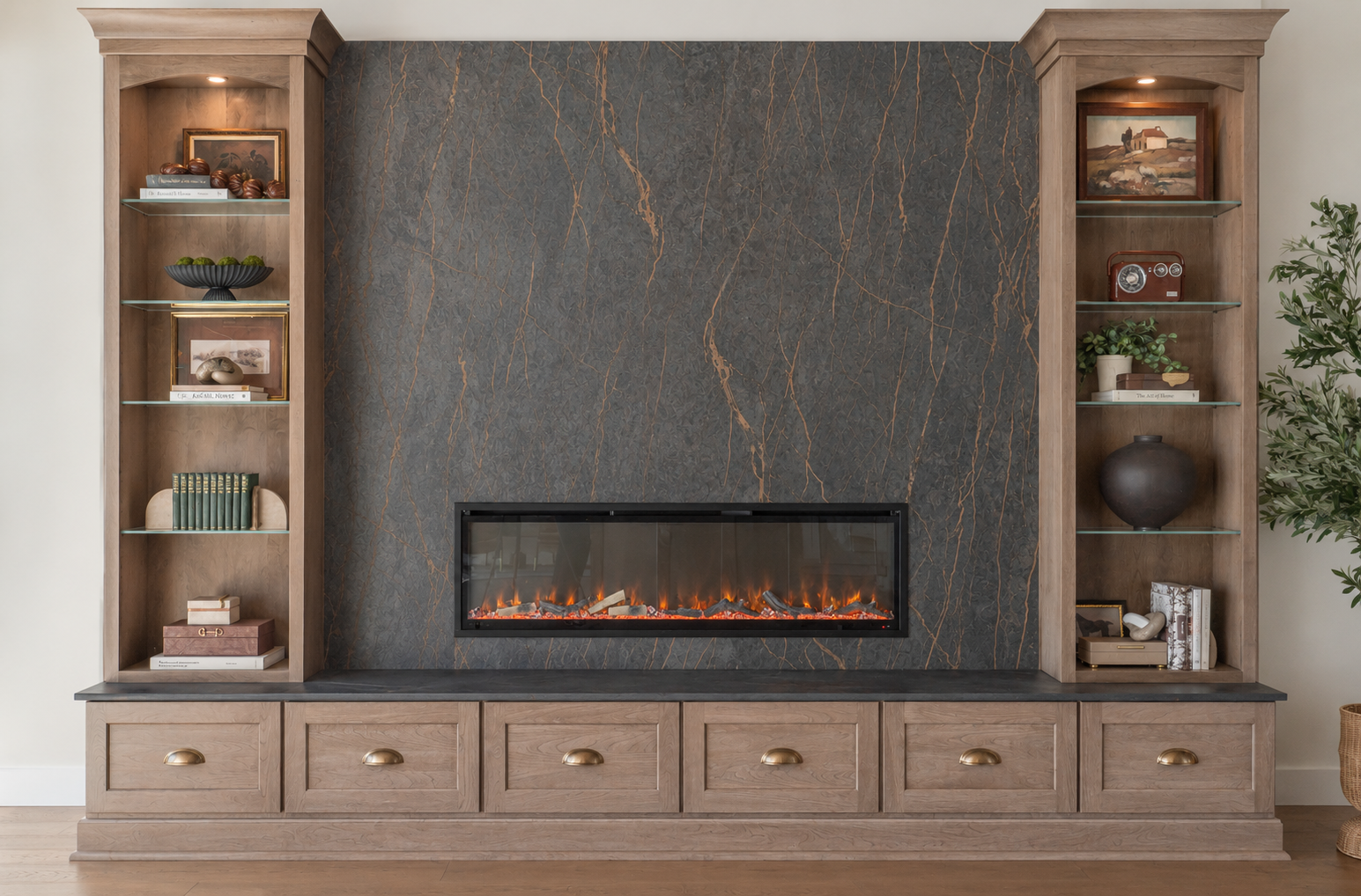 unique fireplace design with very cool cabinet storage and large display shelves 