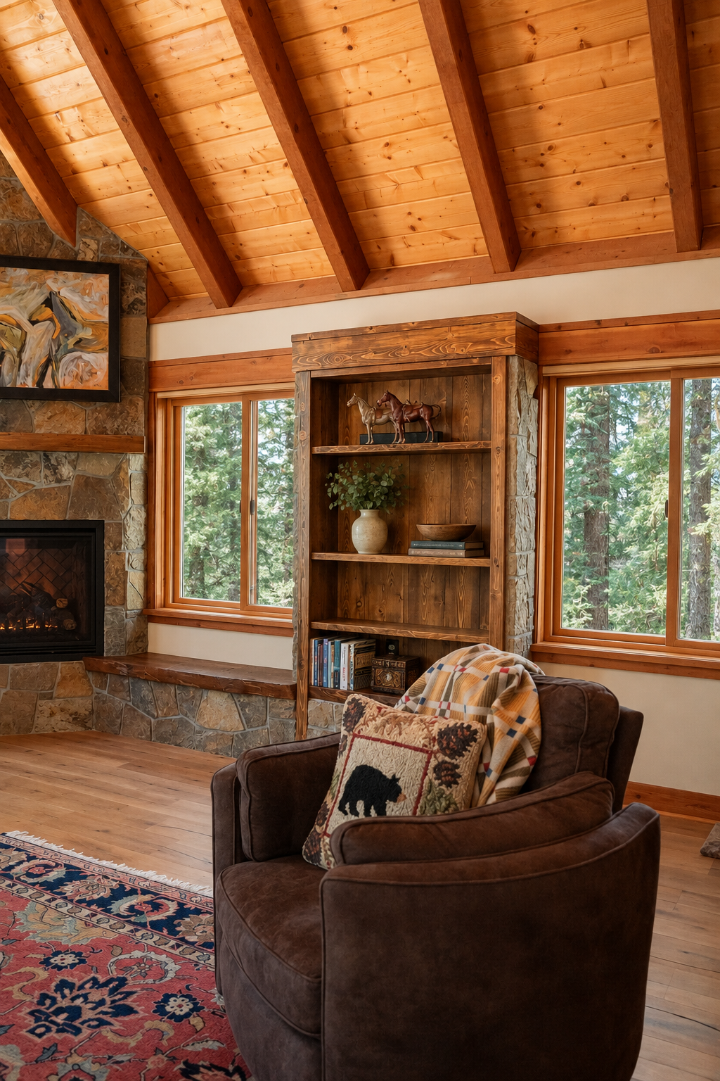 A cozy living room with a wood-paneled vaulted ceiling, a stone fireplace, and two large windows showing trees outside. There is a wooden bookshelf with decorative items and books, a brown armchair with a cushion featuring bears and a blanket, and a colorful patterned area rug.