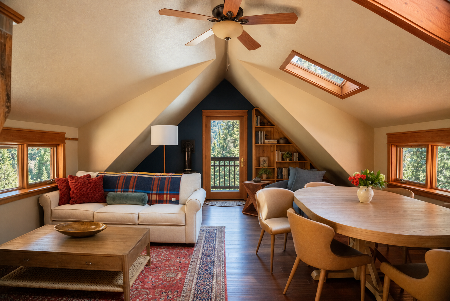 Living room with a beige sofa, wooden coffee table, and a patterned rug. There is a dining area with a round wooden table and six chairs. The room has windows and a glass door, sloped ceilings with skylights, and a ceiling fan. Decor includes pillows, a floor lamp, bookshelves, and a vase with red flowers.