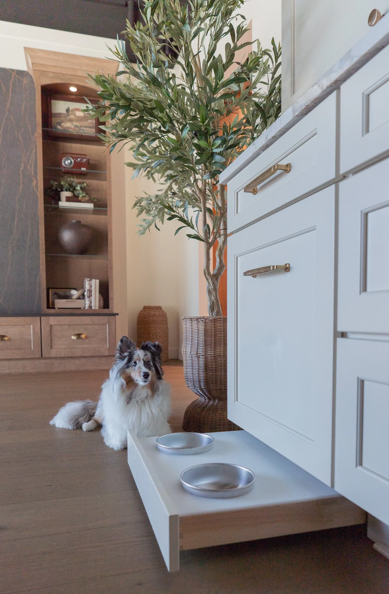 cute pull out dog drawer integrated into kitchen design interior designer portland oregon