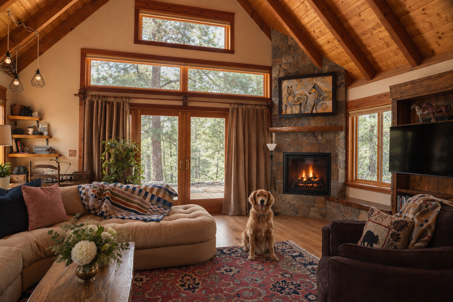 Living room with wooden ceiling, large windows showing trees outside, fireplace with fire, sofa with cushions, and a golden retriever dog sitting on a rug.