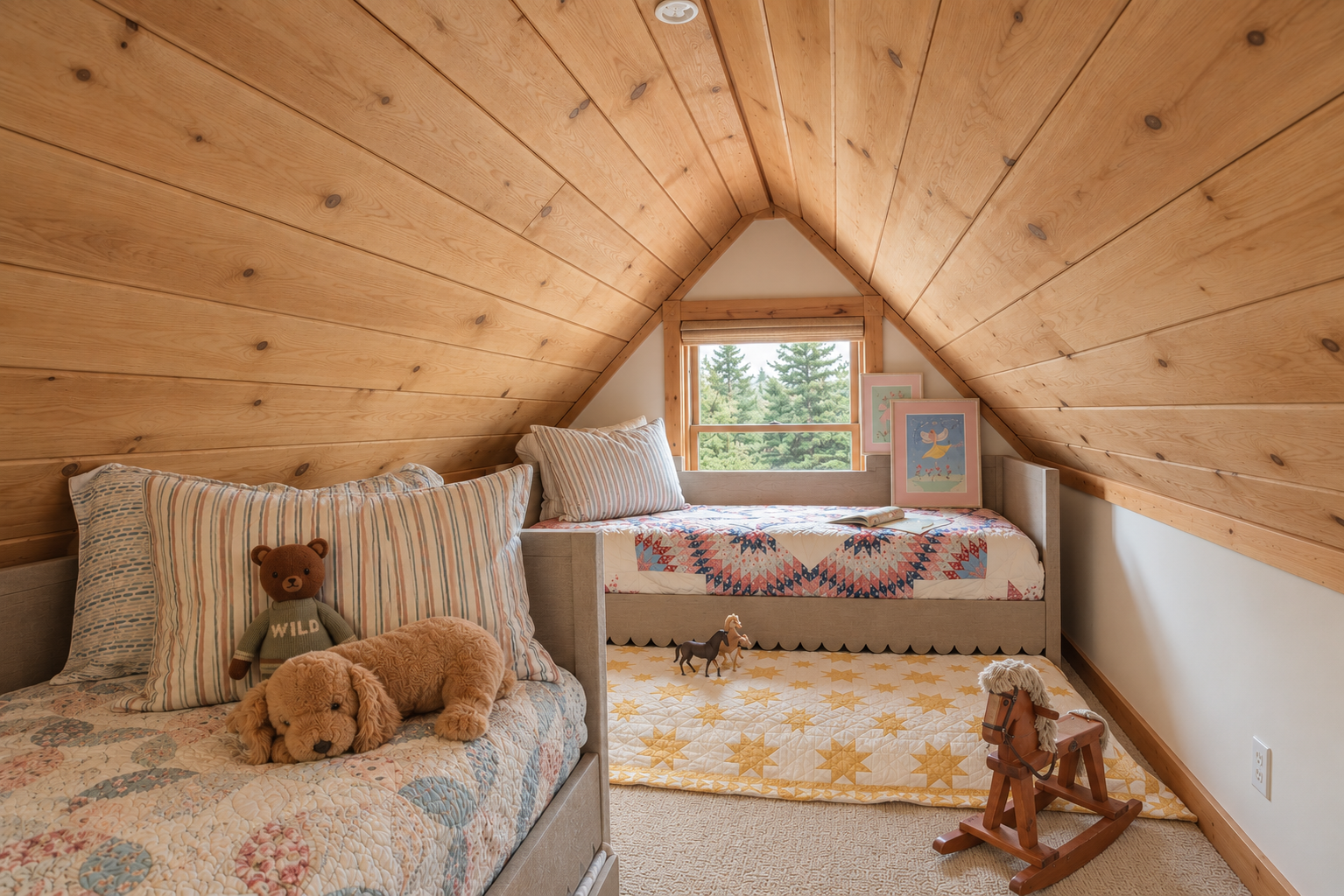 A cozy attic bedroom with wood-paneled sloped ceiling, two twin beds with colorful quilts, stuffed animals, framed pictures, and a window showing green trees outside.