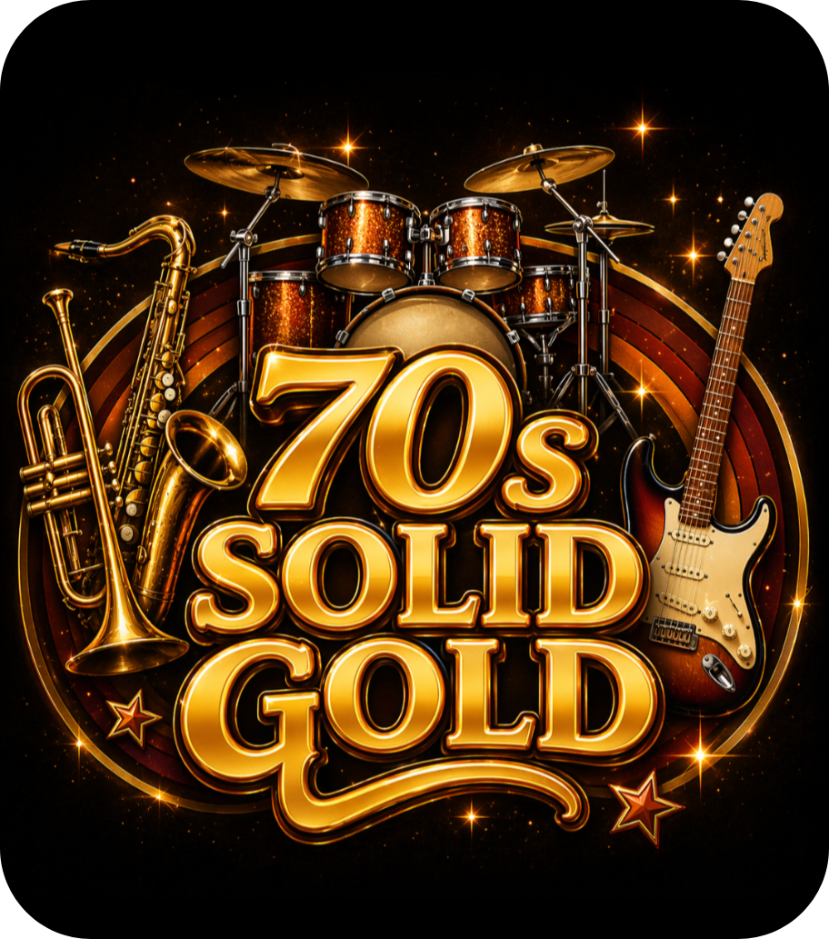 A graphic with a black background featuring musical instruments including a saxophone, a drum set, and an electric guitar. The text in bold, golden letters reads '70s Solid Gold' with small star decorations and glowing effects.