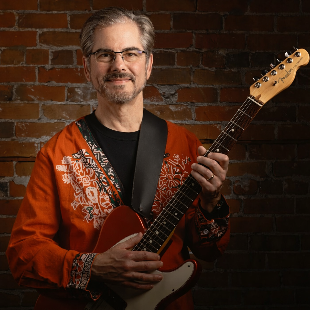 A man with glasses and gray hair holding an electric guitar in front of a brick wall.