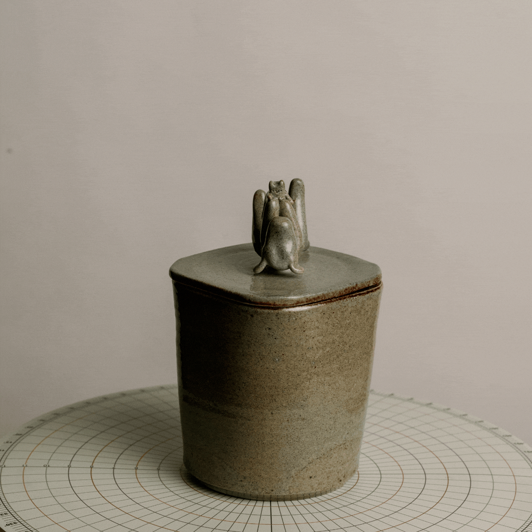 A ceramic container with a lid, featuring a small sculpture of a frog on top, placed on a circular grid-patterned surface.