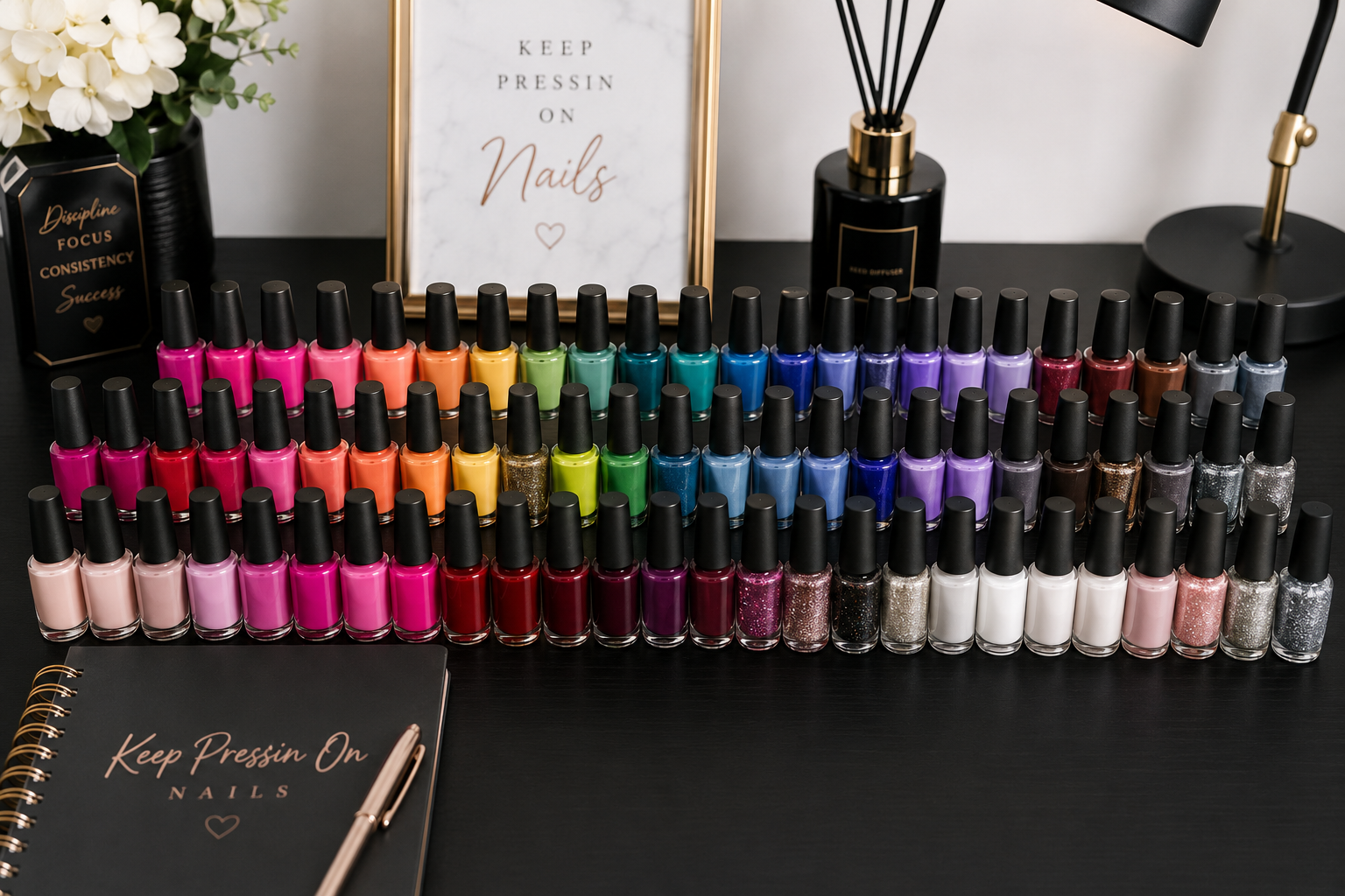 A black table with a colorful display of nail polish bottles in multiple rows, a black notebook with the words "Keep Pressin On Nails" and a pen, a framed quote reading "Keep Pressin On Nails" and a heart, a white flower arrangement, a black and gold sign with motivational words, a reed diffuser and a black lamp in the background.