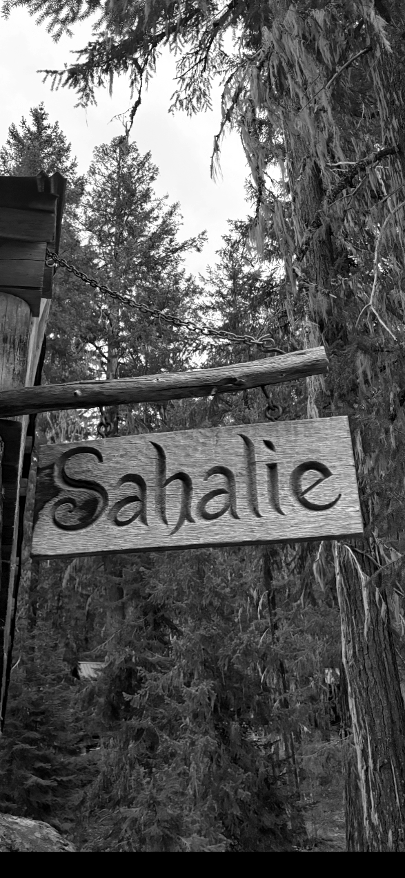 Wooden sign hanging from a chain reading 'Sahalie,' against a background of trees and forest.