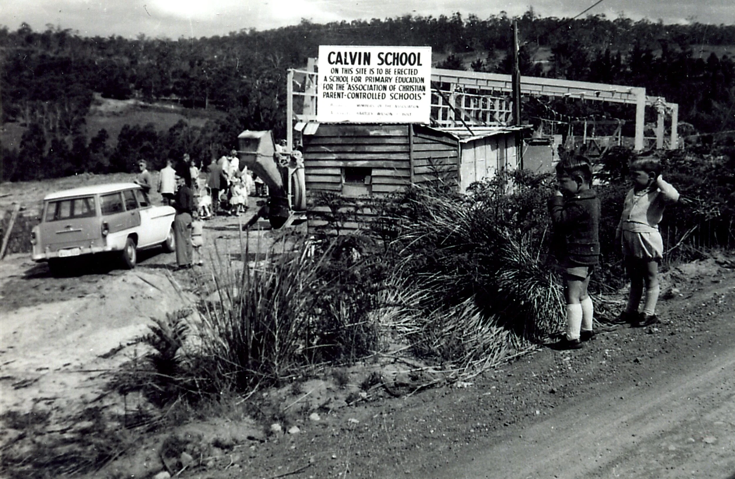 An historic black and white photo showing the original site of Calvin Christian School