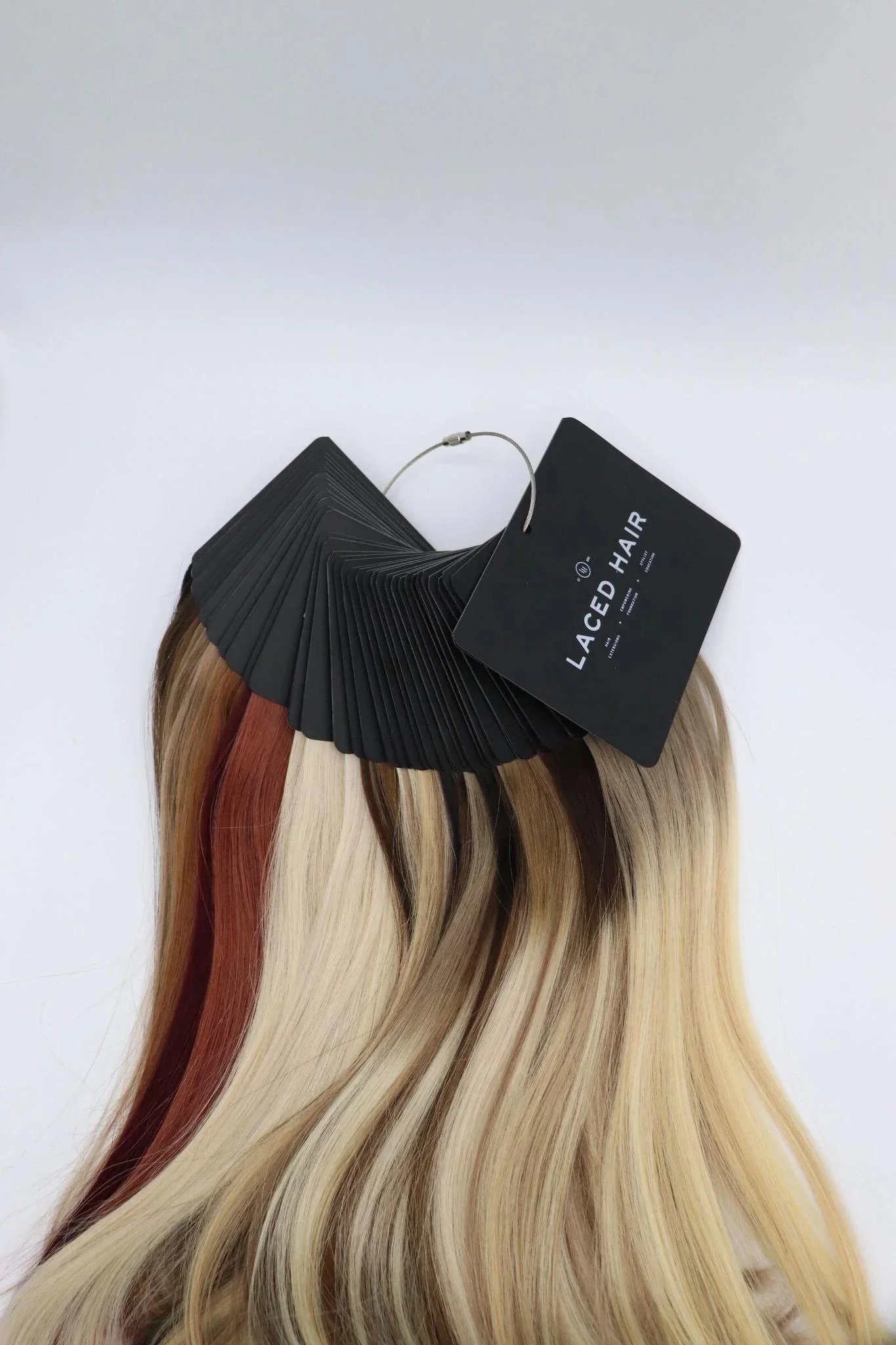 Sample hair color swatch with various shades of blonde, brown, red, and black attached to a black card labeled "Laced Hair".