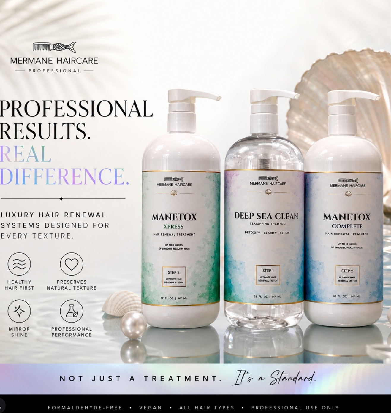 Display of three haircare products in bottles from Mermane Haircare, including Manetox Xpress, Deep Sea Clean, and Manetox Complete, with a seashell background and promotional text highlighting their benefits for luxury hair renewal.