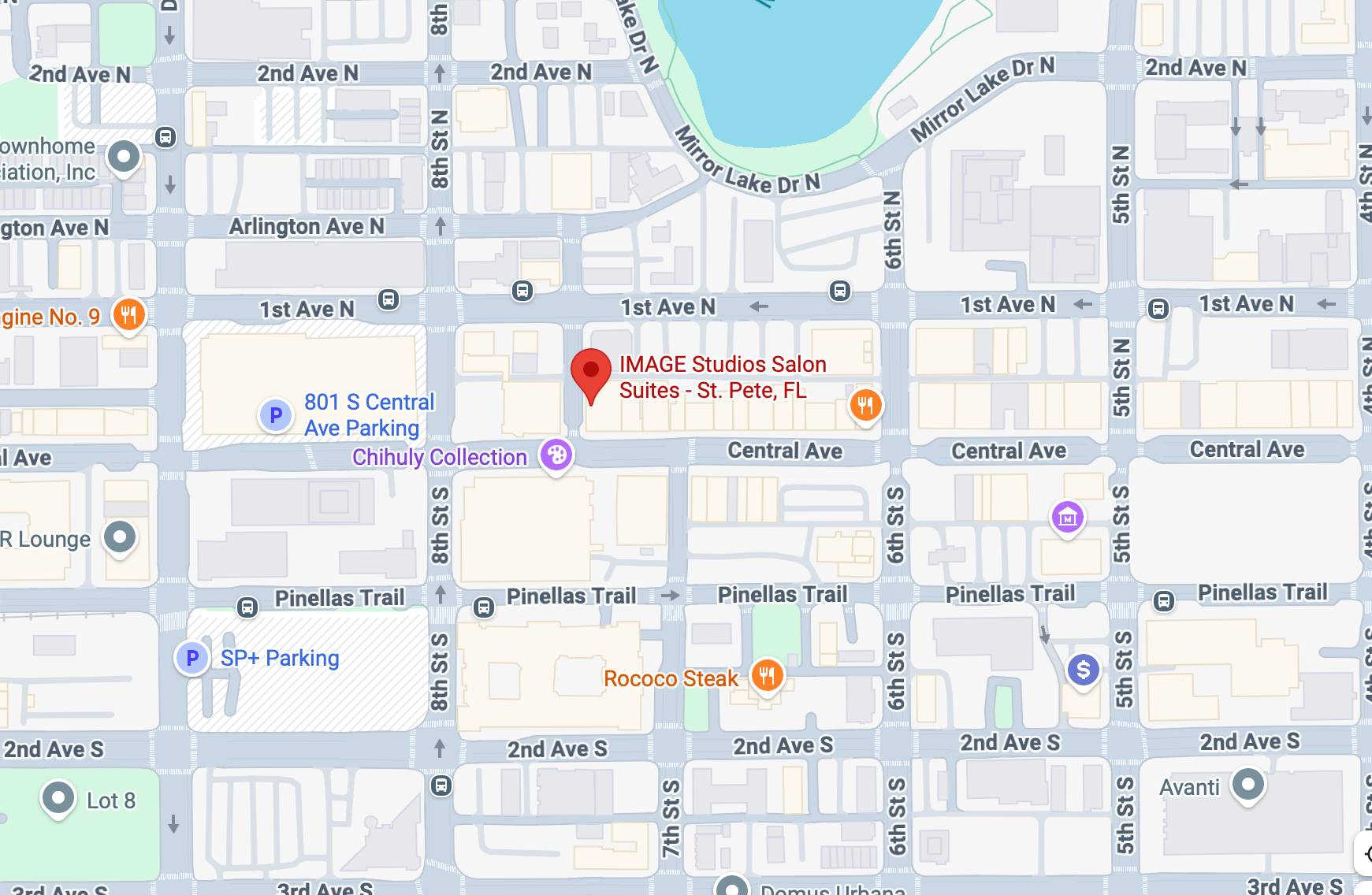 Street map of St. Pete, Florida showing roads, landmarks, parking lots, businesses, and various icons indicating points of interest.