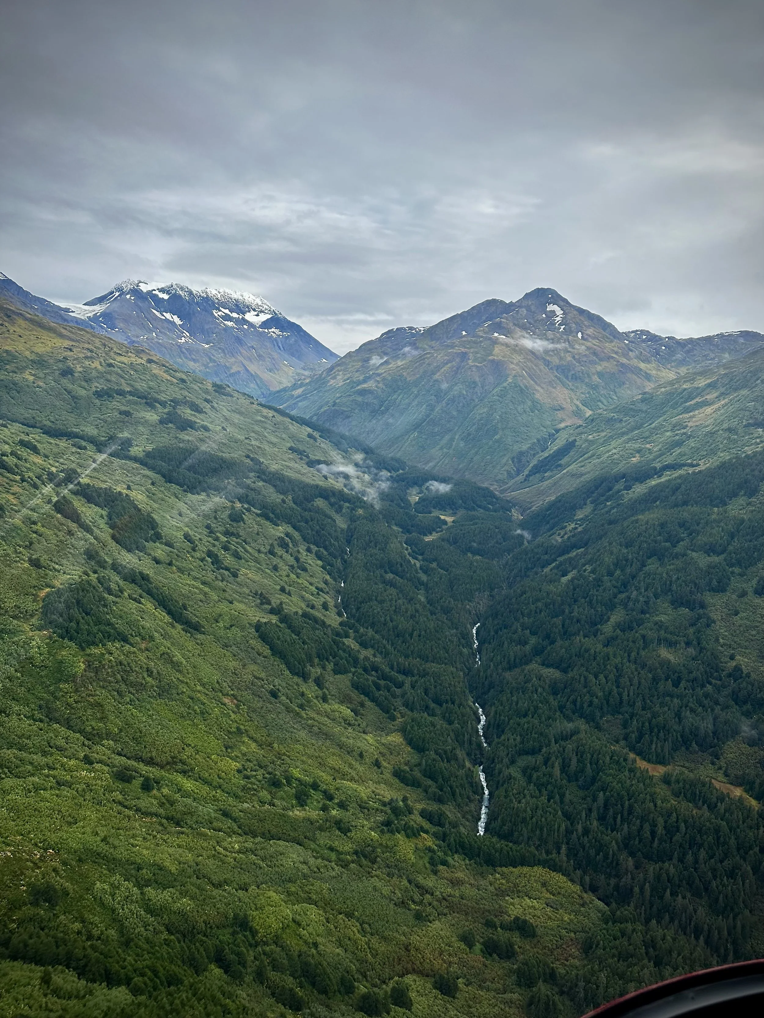 Aerial helicopter view of a green mountain valley with a river winding through, Alaska