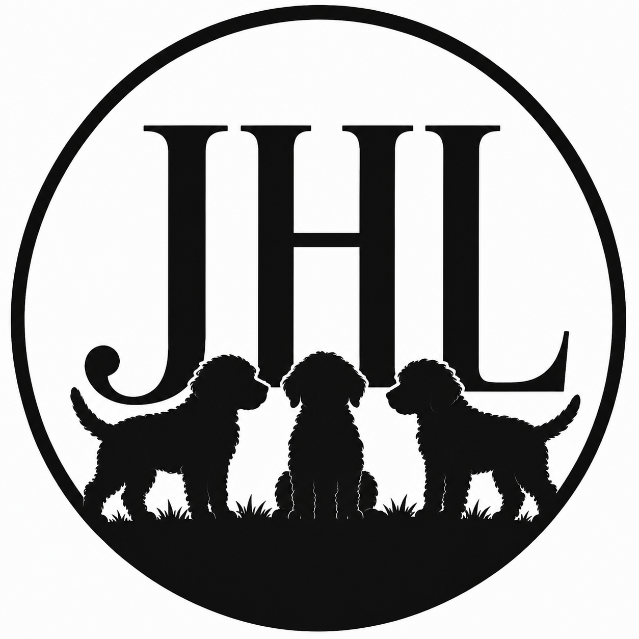 Silhouette of three puppies sitting under large letters 'JHL' inside a circle, with grass at their feet.