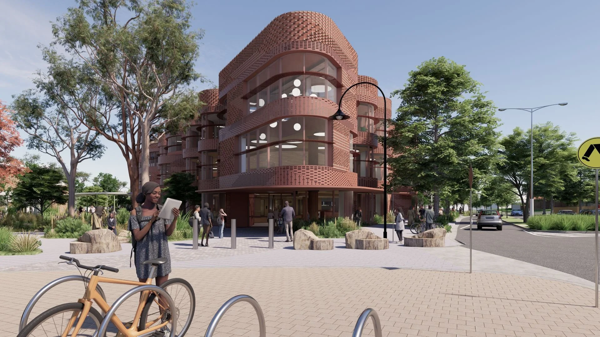 Render of Glen Waverley Civic Precinct from the street, a curving patterned brick building with rounded windows, and people walking and cycling through the plaza