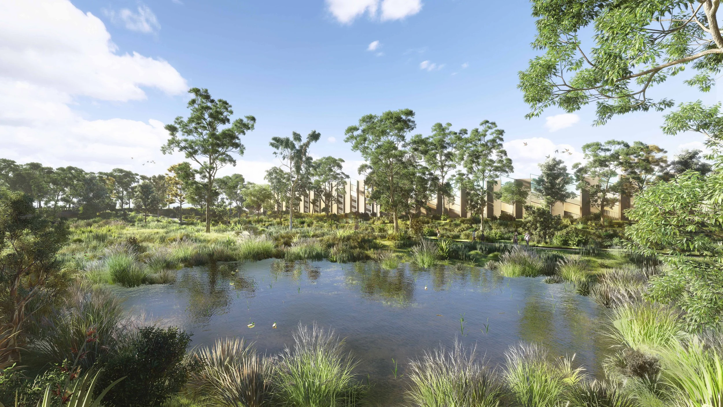 Render of a wetland pond fringed with reeds and gum trees, with tall vertical fins in the distance