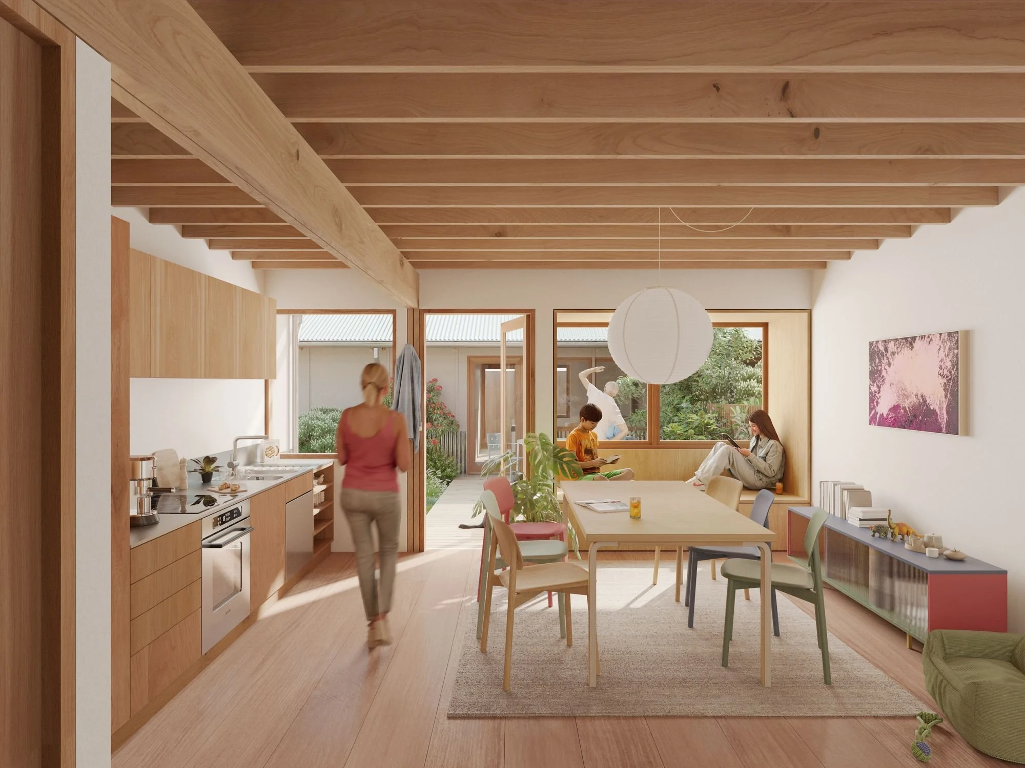 Render of a light-filled kitchen and dining room with exposed timber beams, looking through to a courtyard