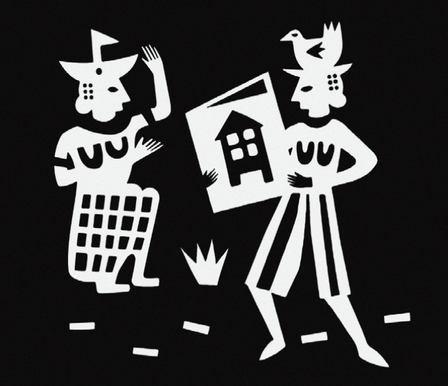 Aretha Brown's black and white artwork for the Teach Blak History Project: two stylised figures, one waving, the other holding up a picture of a house with a bird perched on their head
