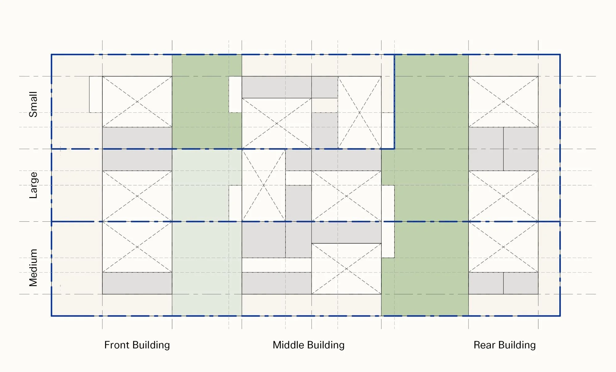 Plan diagram of lots divided by party walls, with outdoor rooms shaded green between the buildings