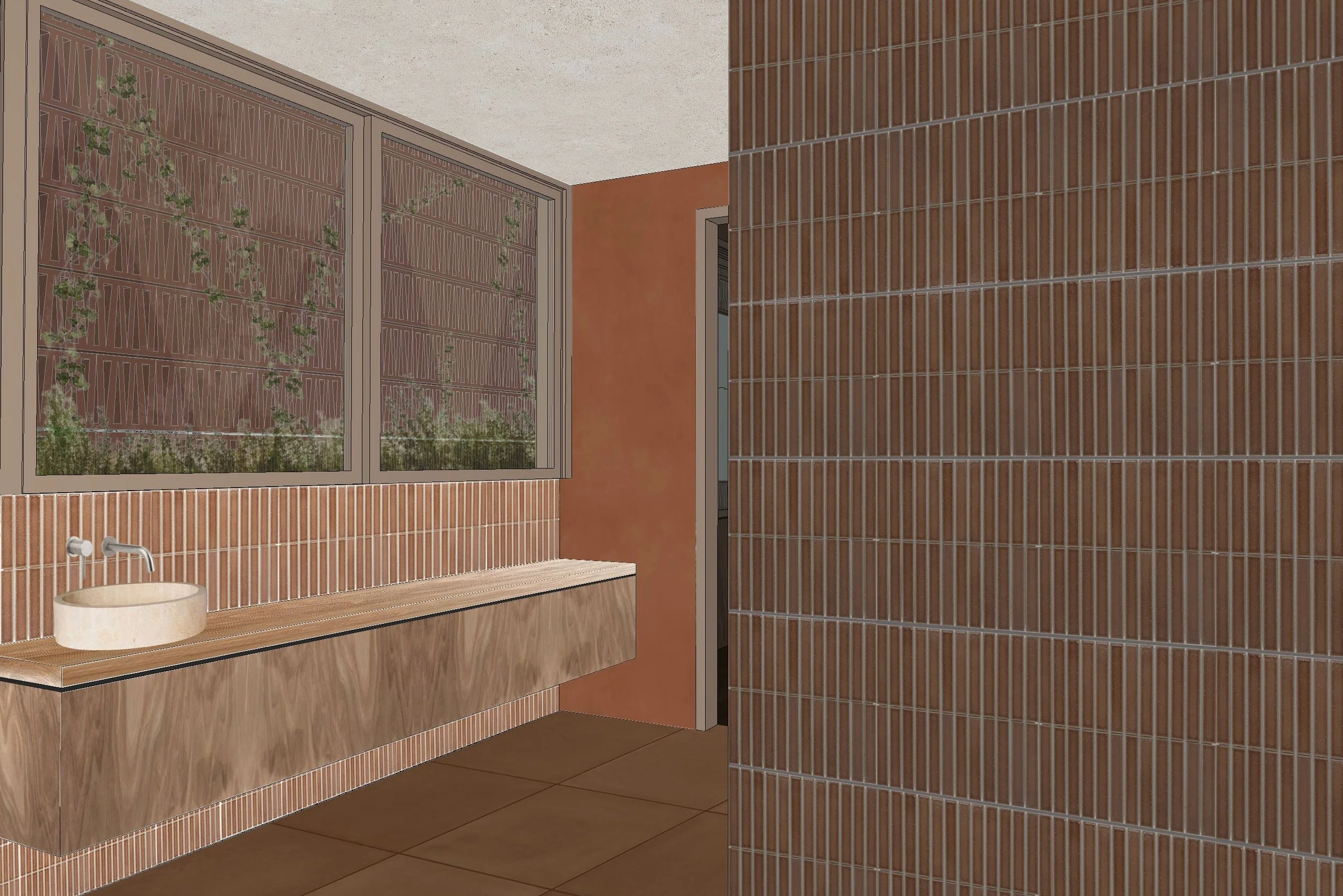 Render of a Stuart Street bathroom with a textured stone vanity, a vertical brick-tiled wall and a patterned screen over the window