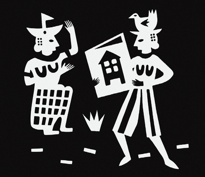 Detail of Aretha Brown's black and white artwork for the Teach Blak History Project, two figures, one holding a picture of a house