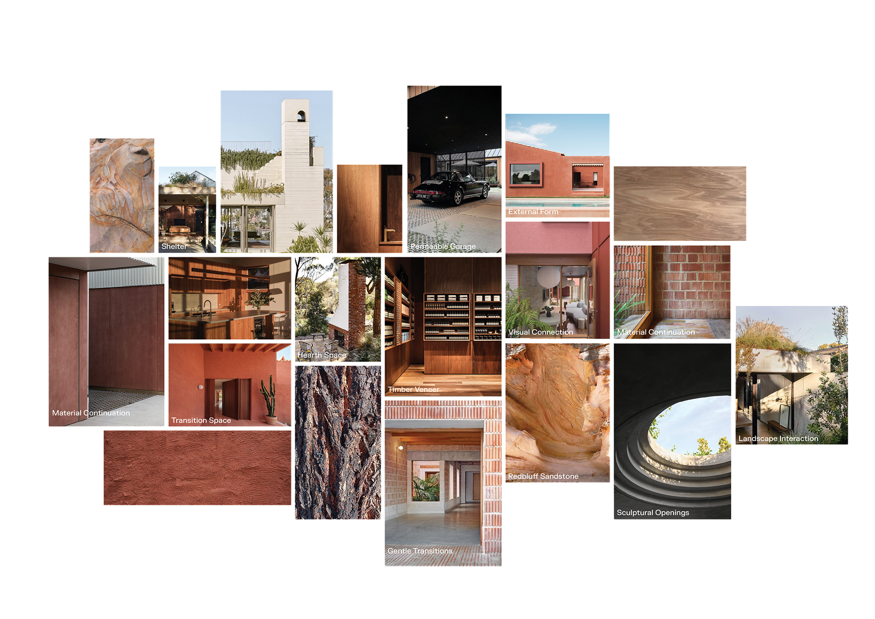 Mood board of reference images in terracotta tones: rendered walls, courtyards, textured stone and a circular skylight