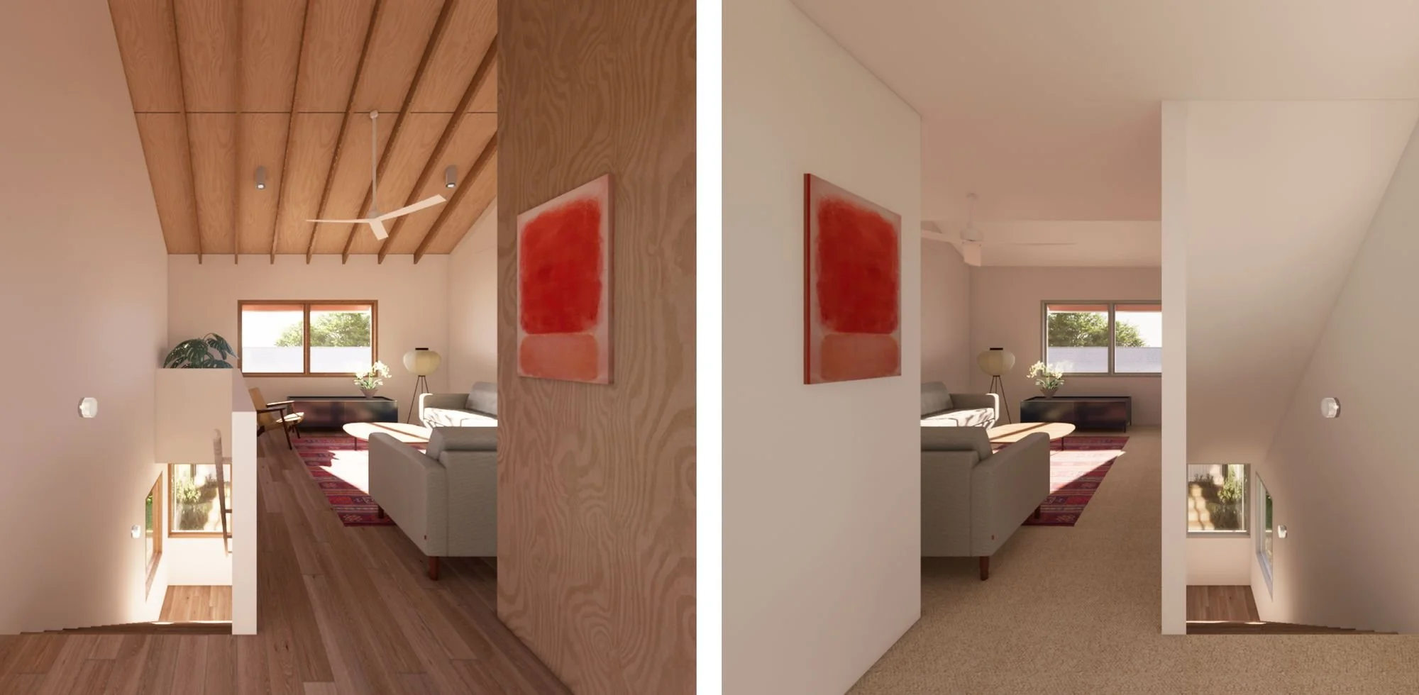 Split view of a living room showing two versions of the same wall, one timber and one white, each hung with a red artwork
