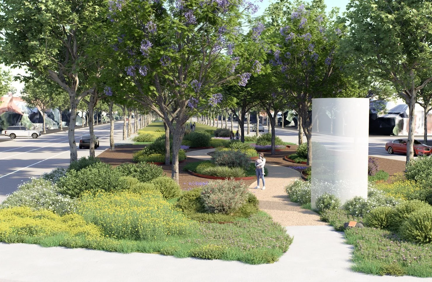 Render of Yani Barripbarripuyt, a tree-lined path through native planting with jacarandas in flower and people walking by