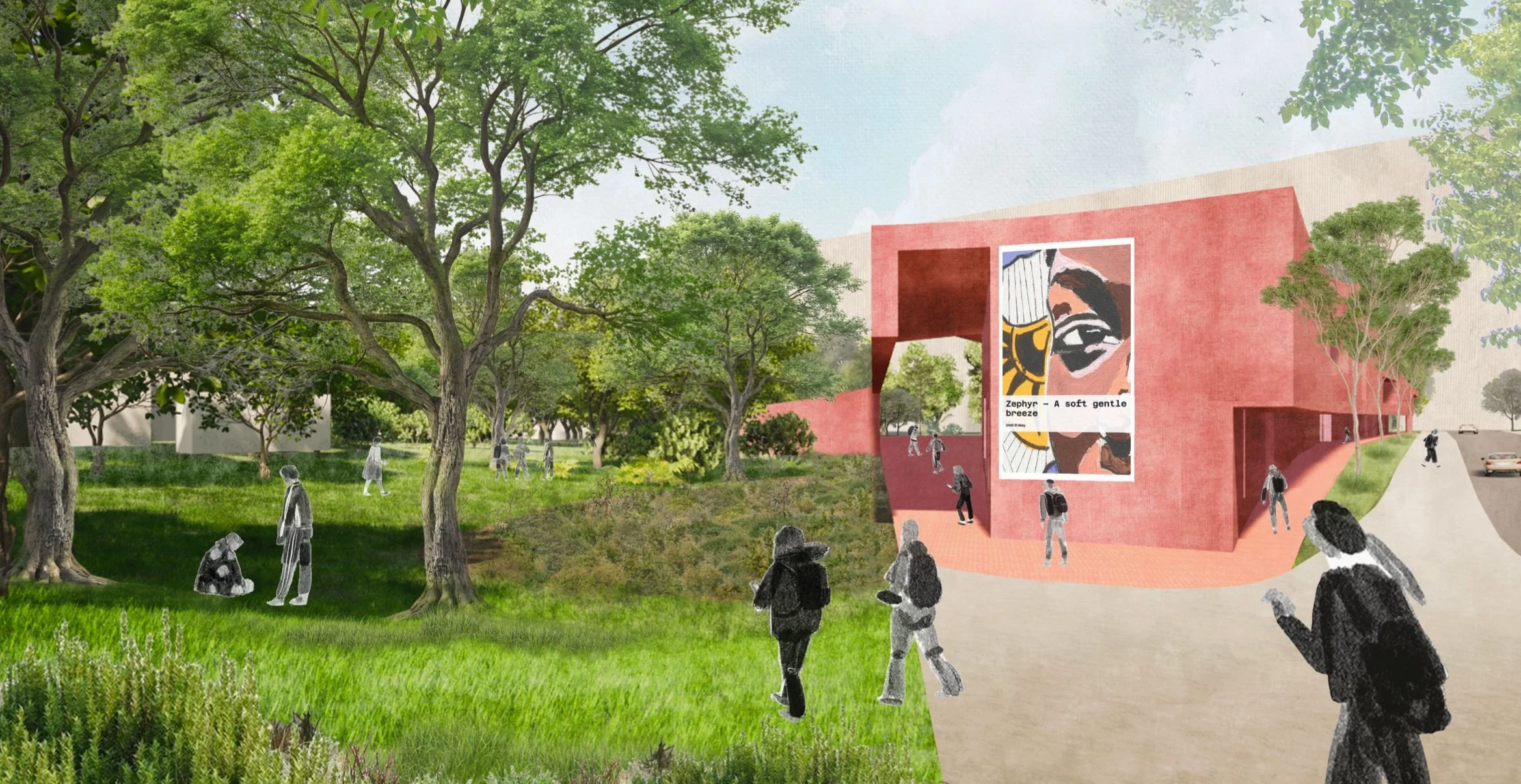 People walking along a grassy path towards a red concrete gateway with a large mural