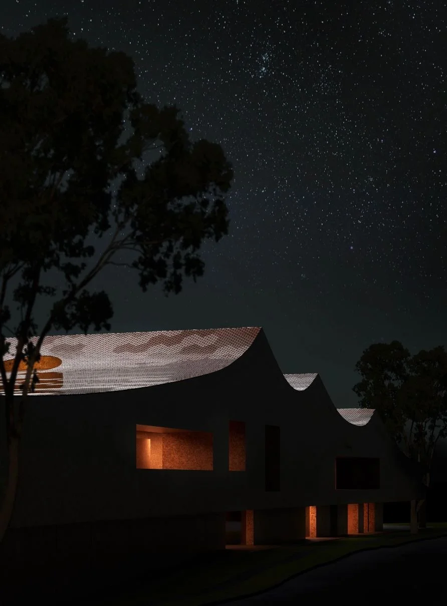 Night render of the centre's curved roofline glowing with warm light under a starry sky