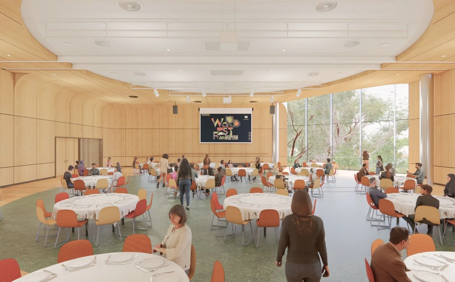 Render of a large function room with round tables, timber-lined walls and a screen at the front